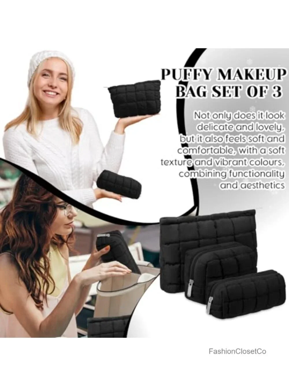 Puffy Quilted Makeup Bag Set of 3 Cosmetic Pouch Travel Toiletry Organizer with